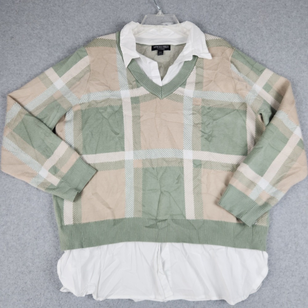Absolutely Famous Sweater Women 2X Green Plaid Layered Look Classic Fit Business